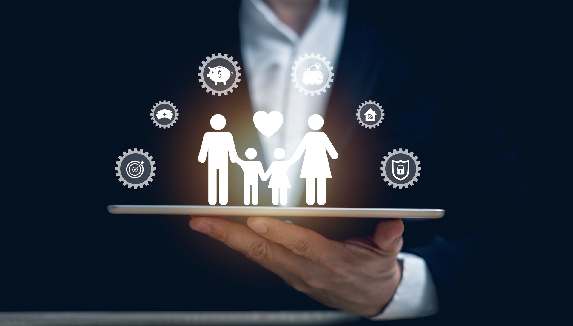 The concept of life and health insurance. Happy family. Medical care, house, car, savings, accident insurance. Retirement.